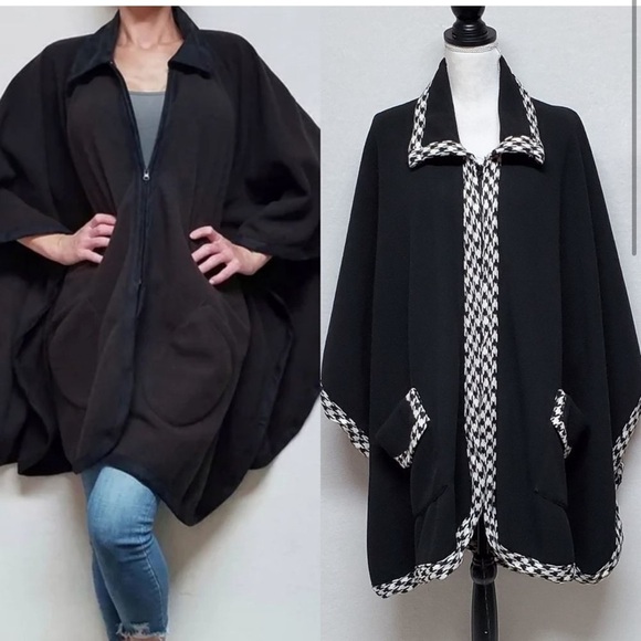 Moda Black Poncho with White Houndstooth Trim - Picture 1 of 4